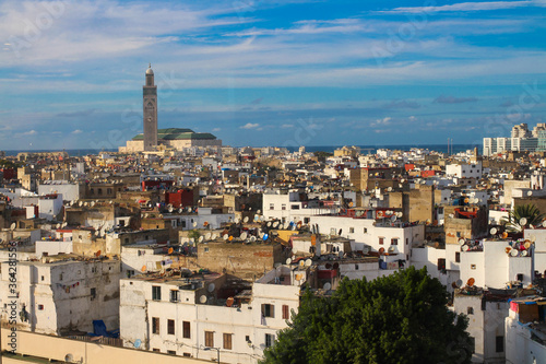 Top view of the rooftops of Casablanca and the Hassan II mosque.Morocco. © Elena