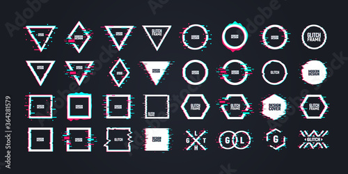 Geometric shapes with distorted glitch effect. Graphic design elements in distorted glitch effect. Modern abstract backgrounds for banner, poster, cover, logo.