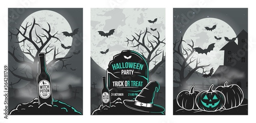 Set of 3 Halloween party invitations templates. Halloween background for poster, banner. Bottle of beer, tombstone, witch hat, halloween pumpkins. Vector illustration