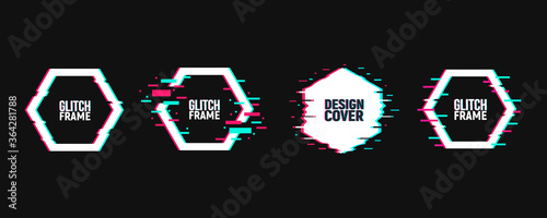 Vector set of hexagon frames in distorted glitch style. Geometric shape in distorted glitch style. Modern trendy backgrounds for design banner, poster, cover