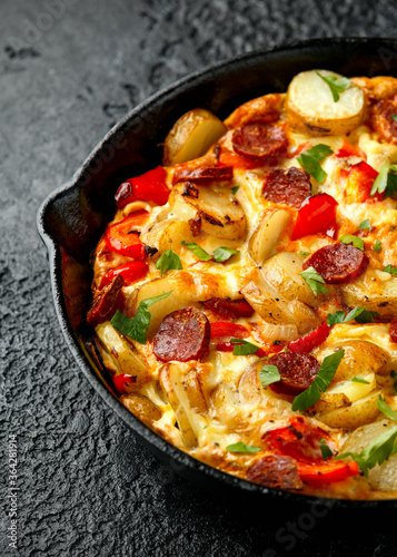 Frittata made of eggs, potato, chorizo, red bell pepper and greens in iron cast pan