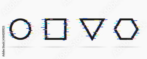 Colorful Glitch frames. Digital noise abstract design. Geometrical shapes with glitch texture. Vector illustration