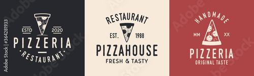 Pizza logo set. Logo for pizza house, pizzeria, restaurant with pizza slice. Typography Pizza, Pizzeria, Restaurant. Vector logo, sticker, poster template for restaurant, pizzeria.