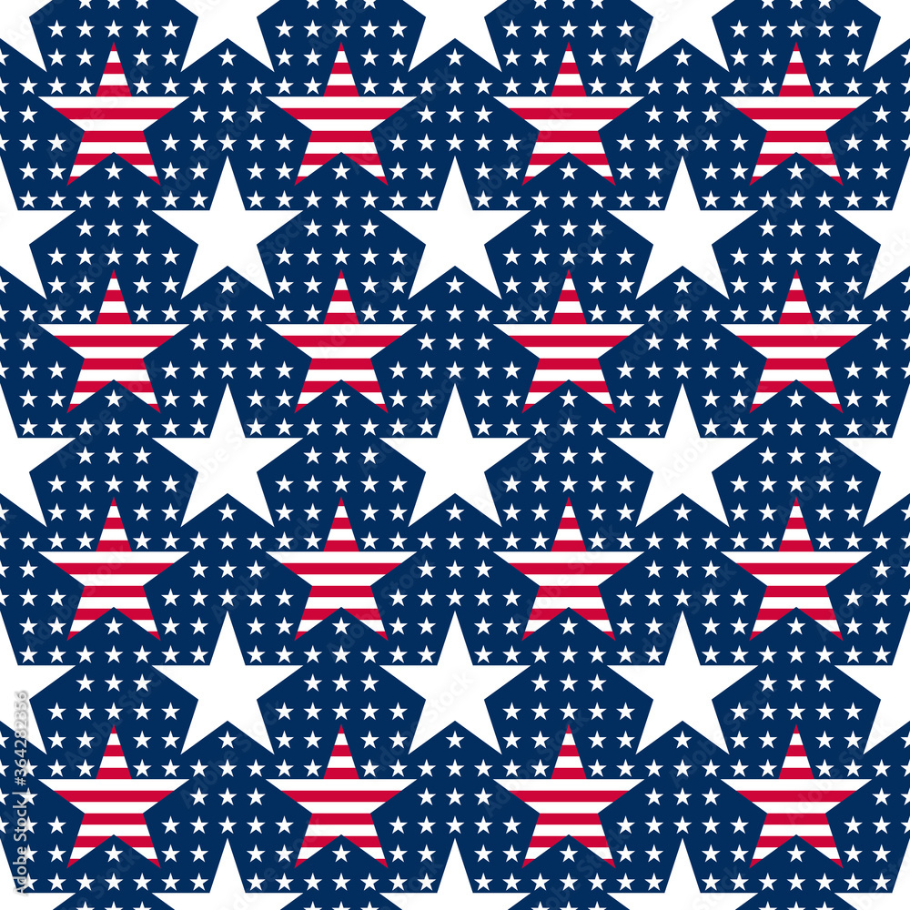 Abstract seamless vector pattern with big and small white five pointed stars and big stars with red stripes. Independence day background. 4th July abstract geometric pattern. Abstract seamless vector pattern with big and small white five pointed stars and big stars with red stripes. Independence day background. 4th July abstract geometric pattern.