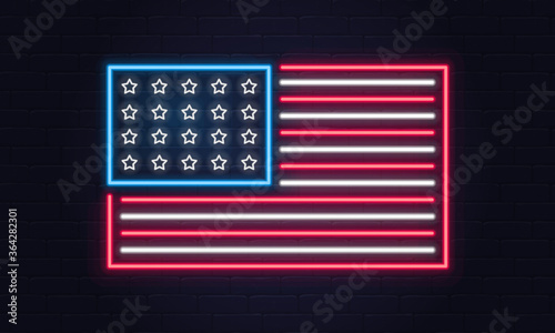 USA flag. United States of America flag neon sign. USA logo, emblem. Fourth of July neon poster. Light banner. Vector illustration.