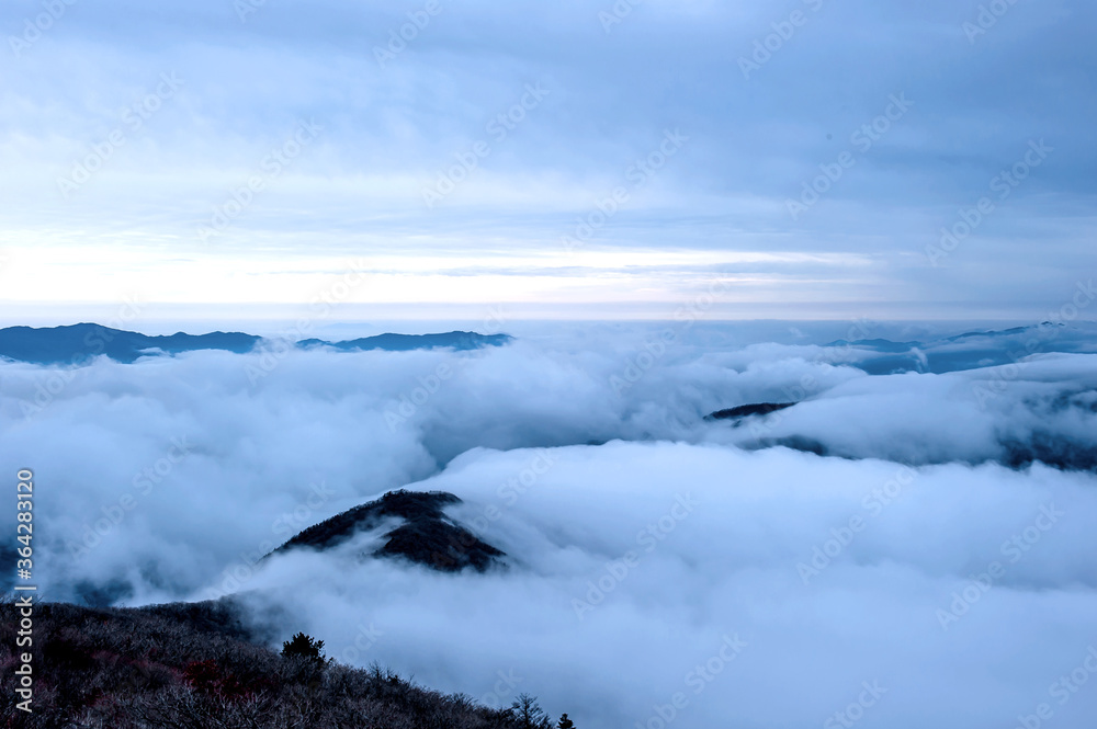 Beautiful sea of clouds at dawn on the top of the mountain.