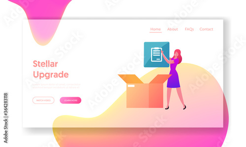 Upgrade, Free Download Landing Page Template. Woman Character Put App Icon in Box. Stream or Upload Torrent Data from Servers, Online Media Content, Internet Technologies. Cartoon Vector Illustration