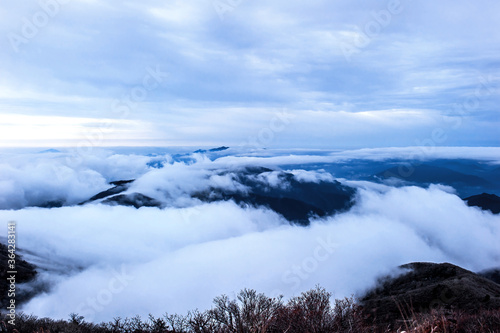 Beautiful sea of clouds at dawn on the top of the mountain.