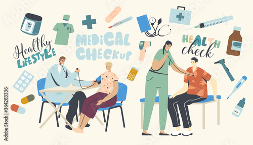 Patients Characters at Medical Checkup. Woman Sitting with Doctor Listening Heart Beating, Consultation with Medic Specialist. Practitioner Measuring Blood Pressure. Linear People Vector Illustration