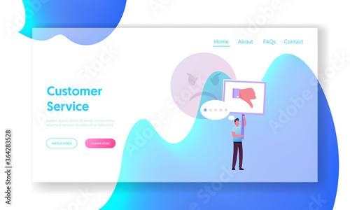 Claim Customer, Rating, Quality and Business Ranking Landing Page Template. Man Character with Thumb Down Put One Star for Bad Service. Client Review, Low Level Feedback. Cartoon Vector Illustration