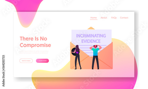 Espionage, Info Stealing Landing Page Template. Tiny Characters Spies Photographing Compromising Material at Huge Envelope with Incriminating Evidence Information. Cartoon People Vector Illustration
