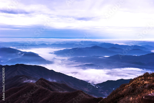 Beautiful sea of clouds at dawn on the top of the mountain.