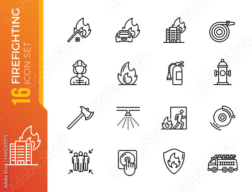 Set of Firefighter Line Icons. Fireman, Evacuation Plan, Hydrant and more.