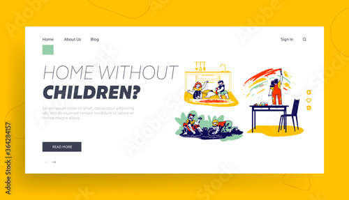 Dirty Kids Landing Page Template. Naughty Children Characters Make Mess, Boys and Girls Playing in Puddle, Fooling at Home Pouring Flour on Floor, Bad Behaviour. Linear People Vector Illustration