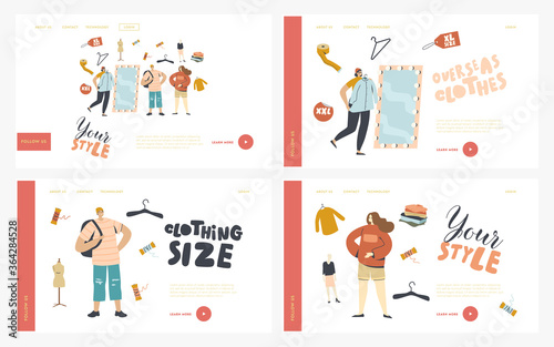 Shopping, Characters Buy Oversize Clothes Landing Page Template Set. Plus Size Woman Choose Fashioned Dress in Store. Fat Girl Stand at Mirror Try on XL Apparel. Linear People Vector Illustration