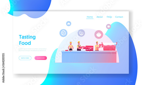 Food Cooking Process Landing Page Template. Tiny Chef Characters Cooking Semifinished Products and Packing into Huge Containers. Cutting Vegetables, Put Meat to Box. Cartoon People Vector Illustration