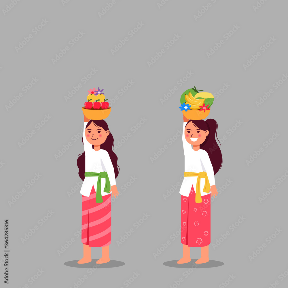 Cute Balinese Girl Bring Fruit Offerings For Rite Ceremony Cute Balinese Girl Bring Fruit Offerings For Rite Ceremony