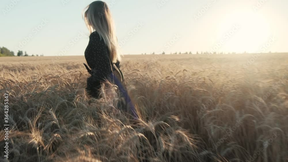 Beautiful blonde in a wheat field in a black dress. Beautiful sunset sun on a summer evening. Beautiful blonde in a wheat field in a black dress. Beautiful sunset sun on a summer evening.