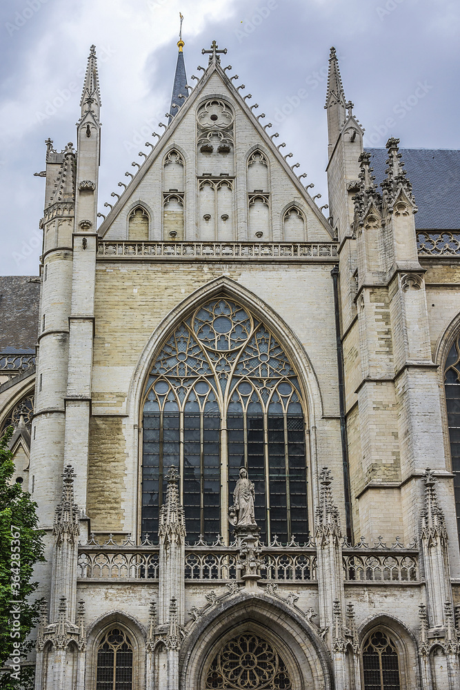 Architectural fragments of Cathedral of St. Michael and St. Gudula (from 11th century) - Roman Catholic Church on the Treurenberg Hill in Brussels, Belgium.