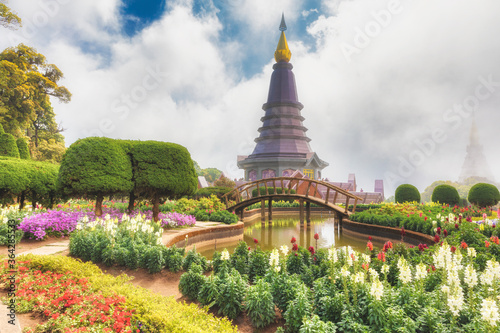 A beautiful and foggy morning at Doi Inthanon temple in Chiang Mai pronvince, northern Thailand photo