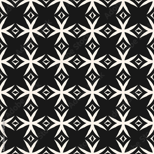 Monochrome vector seamless pattern. Simple black and white geometric background texture with crosses, diamonds, grid, lattice. Gothic style ornament. Repeat design for decor, fabric, wallpaper, print