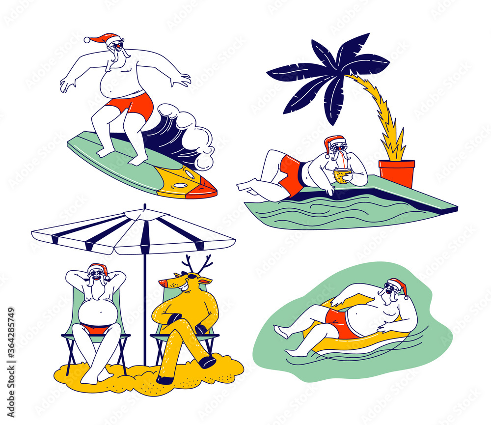 Santa Claus and his Deer on Vacation. Christmas Characters Traveling to Tropical Resort Surfing in Ocean, Relax with Cocktail under Palm Tree, Tanning under Umbrella. Linear People Vector Illustration Santa Claus and his Deer on Vacation. Christmas Characters Traveling to Tropical Resort Surfing in Ocean, Relax with Cocktail under Palm Tree, Tanning under Umbrella. Linear People Vector Illustration