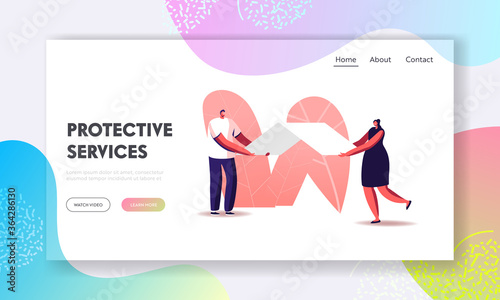 Security, Mortgage, House Insurance Landing Page Template. Characters Holding White Paper Roof. Young Couple Dreaming, Buying or Rent Home, Real Estate Protection. Cartoon People Vector Illustration