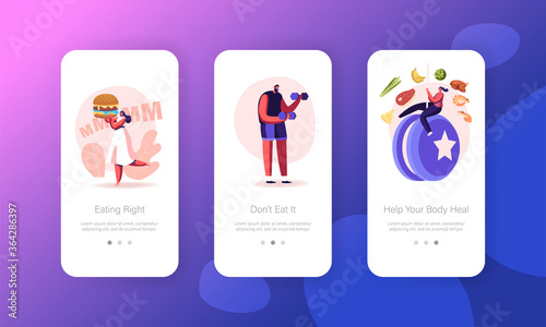 Diet Failure, Disruption of Healthy Eating and Lifestyle Mobile App Page Onboard Screen Template. Tiny People Characters Hang on Huge Yo-yo. Weight Loss or Gaining Concept. Cartoon Vector Illustration