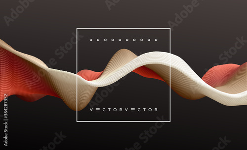 3D wavy background. Array with dynamic emitted particles. A wave formed from many spheres. Abstract vector illustration. Design template. Modern pattern.