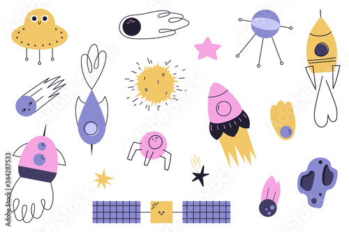 Vector set of cartoon space illustrations. Funny children's illustrations on the space theme. UFO, rockets, space satellites, stars, comets, asteroids. Vector illustration