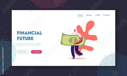 Universal Basic Income, Earn Salary and Wealth Landing Page Template. Tiny Man Carry Huge Banknote Going to Buy Something. Male Character with Money Cash Financial Profit. Cartoon Vector Illustration