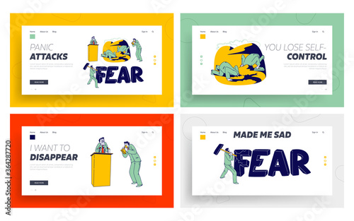 Panic Attack Disorder Landing Page Template Set. Male Character Fear in Public Place. Psychology, Mental Health Problem. Depressed Man Yelling, Hiding Head in Ground. Linear People Vector Illustration