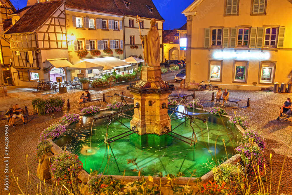 Saint Leon Square and Fountain, Eguisheim, Alsace, France