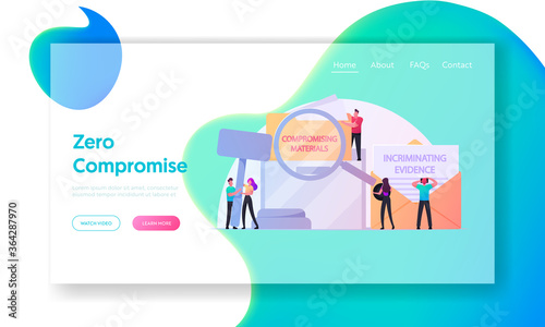 Compromising Material Landing Page Template. Tiny Characters with Magnifying Glass and Wooden Gavel at Huge Envelope with Incriminating Evidence Information. Cartoon People Vector Illustration