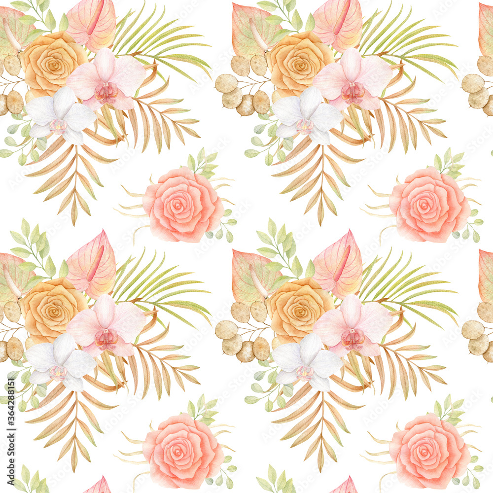 Watercolor tropical dried palm leaves, roses and orchids seamless pattern. 
Hand drawn exotic flowers, boho botanical illustration on white background 