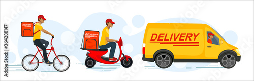 Online delivery service concept, online order tracking, delivery home and office. Warehouse, truck, scooter and bicycle courier, delivery man. Vector illustration