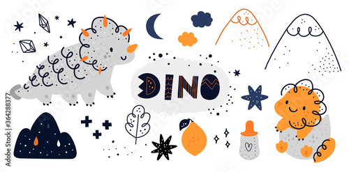 Childish collection with cute dino characters. Dinosaur animals: mom and baby dino in egg. Vector cartoon doodle set of nature elements for design