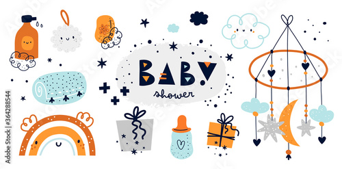 Childish collection, baby shower. Vector cartoon doodle set. Elements for design: rainbow, soap, towel, toy, baby bottle, gift