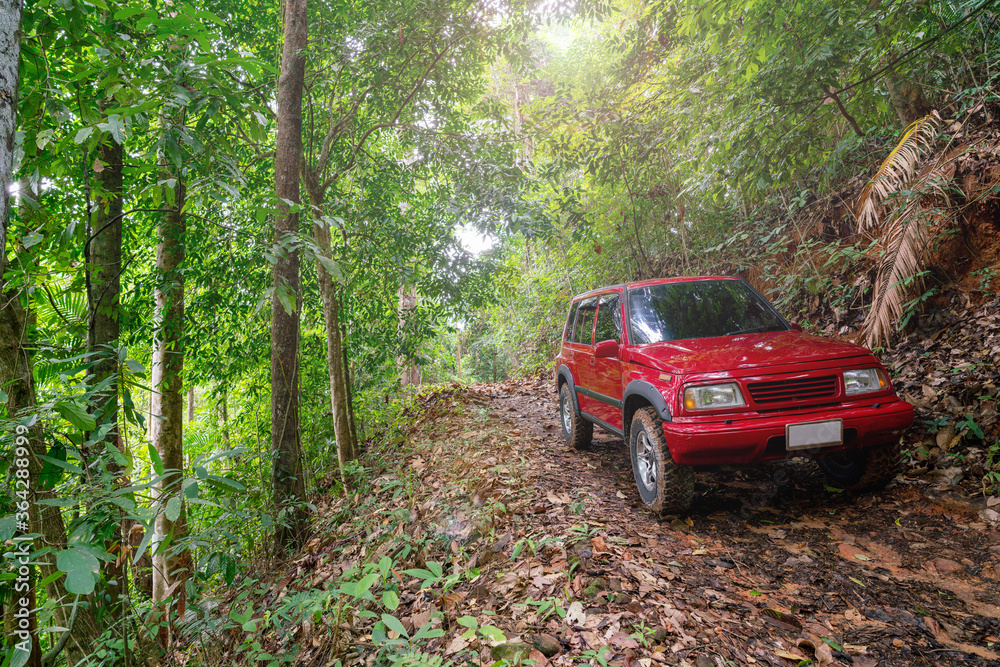 Red suv summer car and road in mountains Driving in forest dirt road Free space for your decoration Green forest background Countryside mood adventure. Red suv summer car and road in mountains Driving in forest dirt road Free space for your decoration Green forest background Countryside mood adventure.