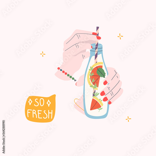 So fresh. Female hand holding bottle with fruit water. Flat vector illustration.