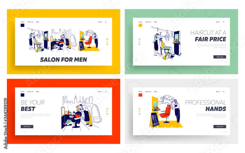 Male Characters at Street Barber Landing Page Template Set. Beauty Service Stylist Cut Client Hair or Beard in Outdoor Barbershop, People in Gentlemanly Haircutting Salon. Linear Vector Illustration