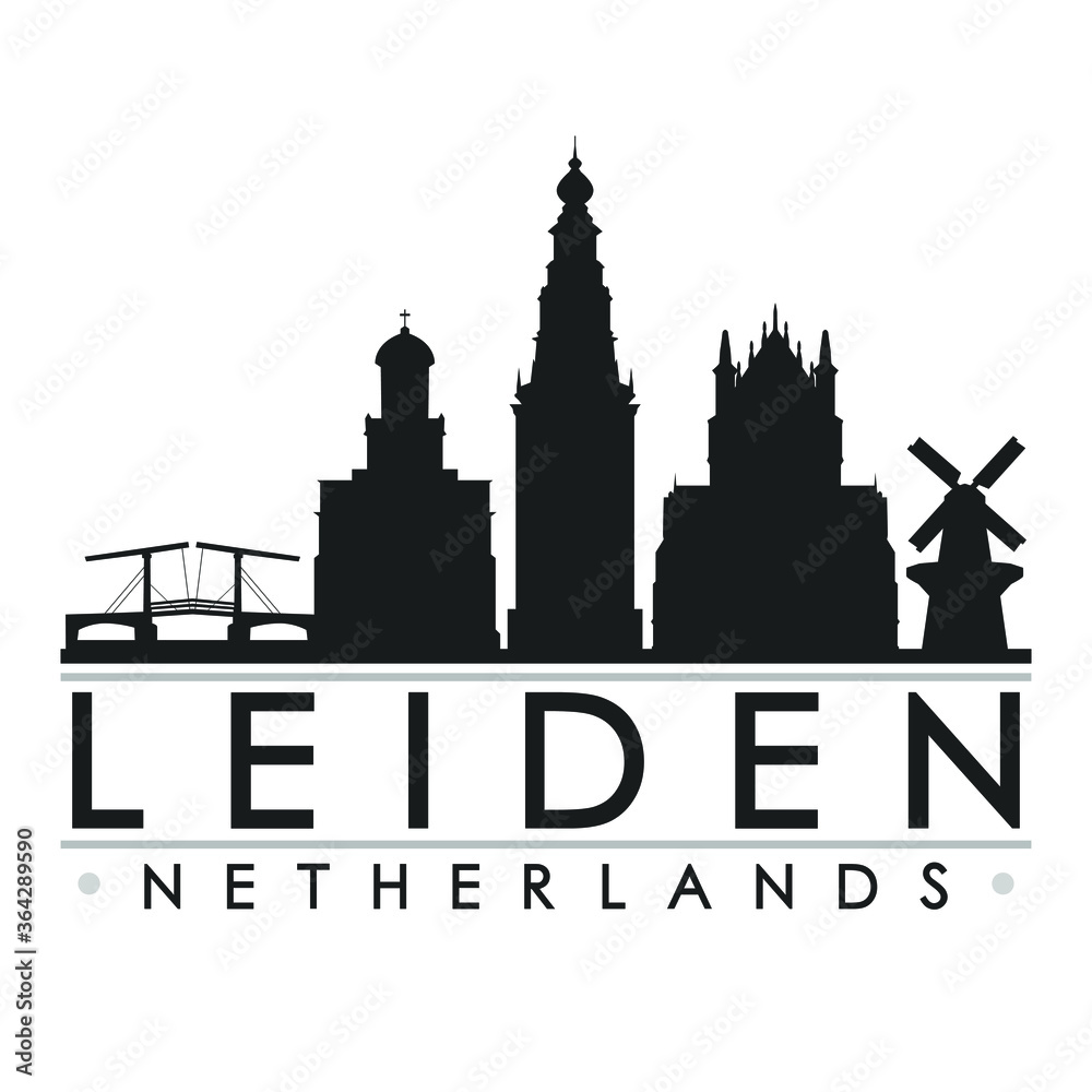Leiden Netherlands Europe Skyline Silhouette Design City Vector Art Famous Buildings.