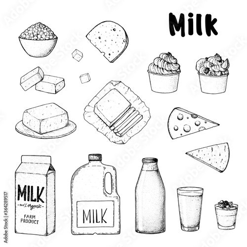 Dairy produce hand drawn vector illustration. Design elements. Organic products, healthy food. Dairy produce sketch collection.