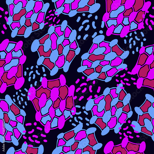 Abstract seamless pattern of vivid geometric figures on a black background, design for textile or print.