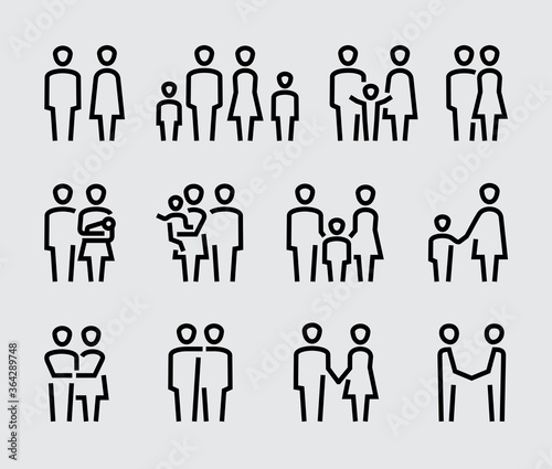 Family or couples vector simple icons set in thin line style 