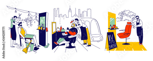 Male Characters at Street Barber, Beauty Service Stylist in Apron with Haircut Tools Cut Client Hair or Beard in Outdoor Barbershop, People in Gentlemanly Haircutting Salon. Linear Vector Illustration