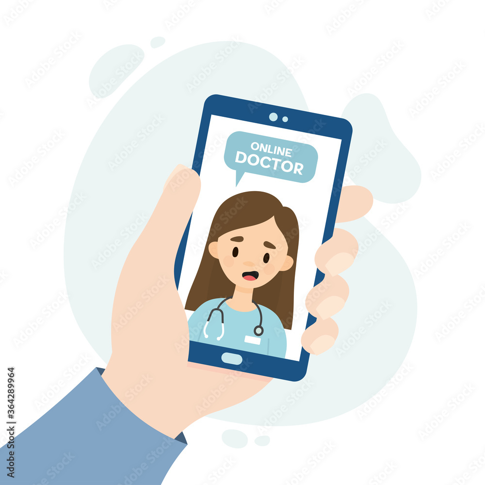 Online doctor consultation. Medical consultation through video call. Doctor consulting a patient through an online application. Hand holding a smartphone. Online doctor consultation. Medical consultation through video call. Doctor consulting a patient through an online application. Hand holding a smartphone.