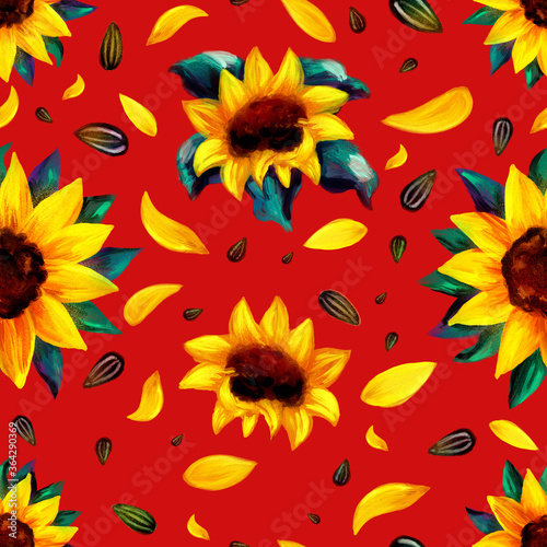 Seamless pattern on a red background. Bright large flowers, seeds and leaves.