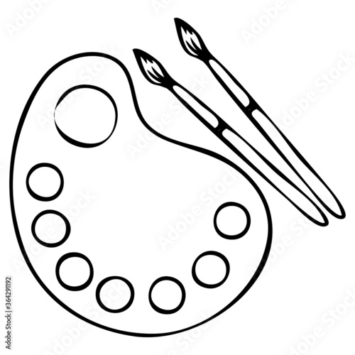 vector illustration, drawing in doodle style in black, palette for paints and brushes, isolate on a white background