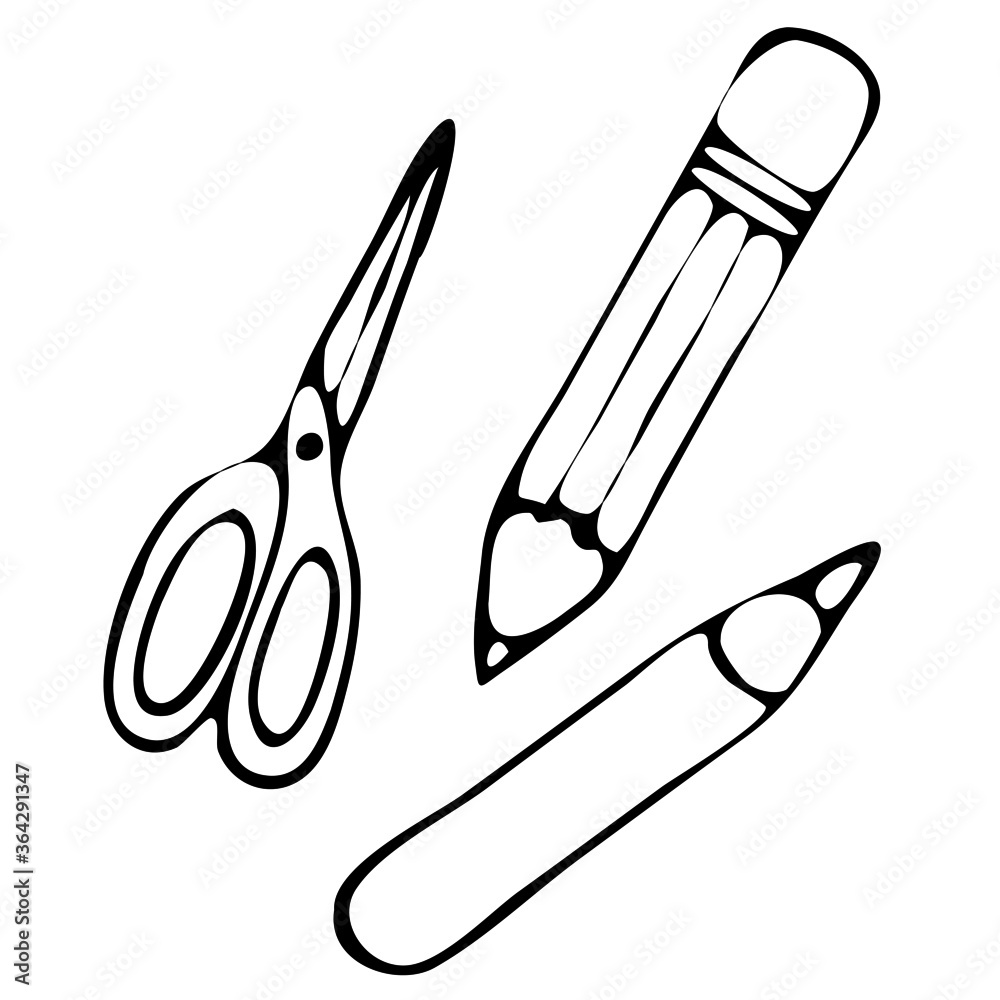 vector illustration, drawing in doodle style in black, scissors, pencil, school items, isolate on a white background vector illustration, drawing in doodle style in black, scissors, pencil, school items, isolate on a white background